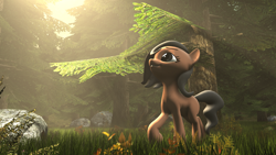 Size: 3840x2160 | Tagged: safe, artist:jeff556, oc, oc only, oc:cold gray, earth pony, pony, 3d, boulder, female, forest, grass, mare, plant, rock, shadow, solo, source filmmaker, the sun is a deadly laser, tree, volumetric light