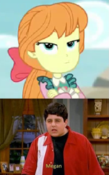 Size: 383x611 | Tagged: safe, derpibooru import, megan williams, human, better together, equestria girls, rollercoaster of friendship, bow, clothes, drake & josh, female, irl, irl human, josh peck, male, meme, name joke, nickelodeon, photo