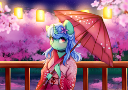 Size: 2559x1801 | Tagged: safe, artist:kottonashi, artist:sweesear, derpibooru import, oc, oc only, oc:natsumi, anthro, unicorn, collaboration, anthro oc, blue hair, cherry blossoms, clothes, digital art, dress, female, festival, flower, flower blossom, flower in hair, green coat, high res, kimono (clothing), lantern, mare, night, paper lantern, pink eyes, signature, solo, umbrella, wagasa, ych result