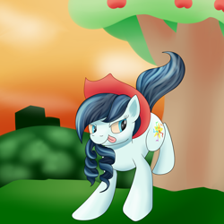 Size: 1500x1500 | Tagged: safe, artist:huffy26, derpibooru import, coloratura, earth pony, pony, applebucking, cowboy hat, female, hat, looking back, mare, newbie artist training grounds, rara, solo, stetson, tongue out, tree