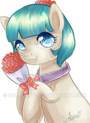 Size: 400x545 | Tagged: safe, artist:solanapple, derpibooru import, coco pommel, bouquet, deviantart watermark, female, flower, flower in hair, mare, signature, simple background, smiling, solo, transparent background, watermark