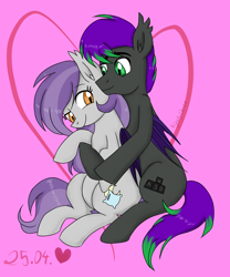 Size: 1756x2112 | Tagged: safe, artist:nightydream, derpibooru import, oc, oc only, oc:midnight player, oc:night dream, bat pony, pony, female, hug, male, mare, stallion