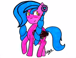 Size: 3180x2452 | Tagged: safe, artist:superdavid2011, derpibooru import, oc, oc:sophia, pegasus, pony, blue mane, blushing, female, flower, golden eyes, looking to the right, pink coat, signature, smiling, solo, traditional art