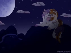 Size: 2048x1536 | Tagged: safe, artist:mentalphase, oc, oc only, pegasus, pony, unicorn, eyes closed, moon, mountain, nuzzling, oc x oc, prone, shipping