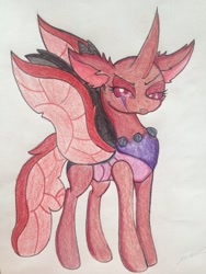 Size: 1024x1365 | Tagged: safe, artist:luxiwind, derpibooru import, oc, oc:poison, changedling, changeling, female, red changeling, solo, traditional art