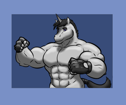 Size: 1024x851 | Tagged: safe, artist:silverbrony97, artist:silverhorsey, derpibooru import, oc, oc:silvermane, anthro, unicorn, abs, biceps, buff, fighter, flex, flexing, male, muscles, pecs, stallion