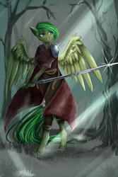 Size: 1000x1500 | Tagged: safe, artist:alicesmitt31, derpibooru import, oc, oc only, oc:evergreen feathersong, anthro, pegasus, unguligrade anthro, anthro oc, armor, clothes, digital art, female, forest, green hair, green mane, green tail, lip bite, mare, signature, solo, spread wings, standing, sword, weapon, wings, ych result