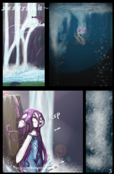 Size: 1265x1920 | Tagged: safe, artist:darkestmbongo, oc, oc only, oc:d.d, earth pony, pony, unicorn, comic:ddthemaid memories, arm hooves, clothes, gasp, mountain, splash, underwater, unnamed oc, water, waterfall, wet clothes, wet mane