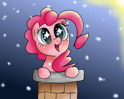 Size: 850x680 | Tagged: safe, artist:ehfkdl569, derpibooru import, pinkie pie, earth pony, pony, chimney, cute, smiling, snow, solo, starry eyes, wingding eyes