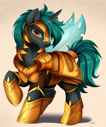 Size: 2850x3409 | Tagged: safe, artist:pridark, derpibooru import, oc, oc only, unicorn, armor, commission, guardian, male, signature, simple background, solo, wings