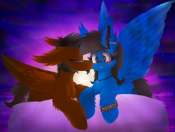 Size: 2032x1524 | Tagged: safe, artist:vanillaswirl6, oc, oc only, oc:snake, oc:sonica, pegasus, pony, art trade, blushing, cheek fluff, chest fluff, cloud, colored eyelashes, cute, ear fluff, ear piercing, eyes closed, facial hair, female, floppy ears, fluffy, goatee, jewelry, kiss on the cheek, kissing, lying, male, necklace, oc x oc, on a cloud, open mouth, photoshop, piercing, prone, scrunchy face, shipping, shoulder fluff, sky, spread wings, stars, straight, sunset, surprise kiss, surprised, wings, wristband
