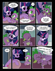 Size: 1275x1650 | Tagged: safe, artist:dsana, spike, twilight sparkle, dragon, pony, comic:to look after, bed, comic, crying, hospital, hospital bed, laughing, mama twilight, spikelove, tears of laughter, tickling