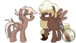 Size: 8333x4688 | Tagged: safe, artist:besttubahorse, derpibooru import, oc, oc only, oc:chai latte, oc:sweet mocha, pegasus, pony, absurd resolution, angry, freckles, raised hoof, simple background, this will end in a fight, transparent background, vector, watermark