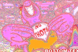 Size: 600x400 | Tagged: safe, edit, edited screencap, screencap, bow hothoof, pony, parental glideance, bottom text, bow's t-shirt, deep fried meme, glitch art, nose in the air, solo, thot, volumetric mouth