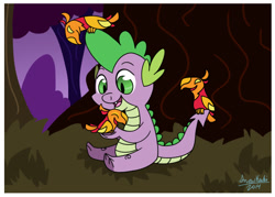 Size: 700x500 | Tagged: safe, artist:snowkuki, peewee, spike, bird, dragon, phoenix, chick, forest, happy, phoenix chick