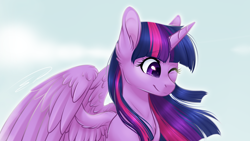 Size: 1280x720 | Tagged: safe, artist:doekitty, derpibooru import, twilight sparkle, twilight sparkle (alicorn), alicorn, pony, unicorn, cloud, cropped, crying, one eye closed, sky, smiling, solo, wink