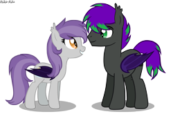 Size: 4697x3093 | Tagged: safe, artist:asika-aida, oc, oc only, oc:midnight player, oc:nighty dream, bat pony, pony, absurd resolution, art trade, couple, cute, female, looking at each other, male, mare, oc x oc, shipping, simple background, smiling, stallion, straight, transparent background