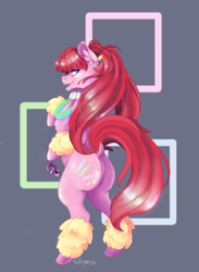 Size: 720x984 | Tagged: safe, artist:softperch, derpibooru import, pacific glow, earth pony, pony, abstract background, bipedal, chest fluff, dock, female, glowbutt, looking at you, mare, plot, rear view, smiling, solo, solo female, standing