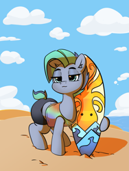 Size: 1911x2542 | Tagged: safe, artist:pabbley, derpibooru import, oc, oc only, oc:kahuna, earth pony, octopus, pony, beach, clothes, cloud, compression shorts, female, mare, sand, sky, solo, surfboard, tanktop, water