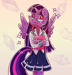 Size: 600x621 | Tagged: safe, artist:jellopopsicle, twilight sparkle, twilight sparkle (alicorn), alicorn, anthro, book, clothes, female, glasses, school uniform, solo, spread wings