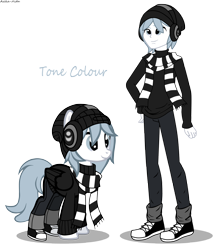 Size: 4718x5342 | Tagged: safe, artist:asika-aida, oc, oc only, oc:tone colour, pegasus, pony, equestria girls, absurd resolution, beanie, clothes, commission, converse, equestria girls-ified, hat, headphones, monochrome, neo noir, pants, partial color, scarf, shoes, simple background, smiling, sneakers, transparent background