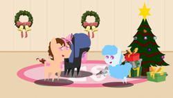 Size: 6666x3747 | Tagged: safe, artist:steampunk-brony, oc, oc only, oc:curly mane, oc:neigh sayer, oc:think pink, earth pony, pigeon, pony, sheep, unicorn, absurd resolution, christmas tree, christmas wreath, female, magic, male, mare, necktie, neink, pointy ponies, present, stallion, tree