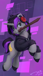 Size: 1500x2667 | Tagged: safe, artist:1jaz, derpibooru import, oc, oc only, oc:purple flame, pony, clothes, cloven hooves, freckles, headphones, hoodie, male, mouth hold, signature, solo, stallion, wooden sword