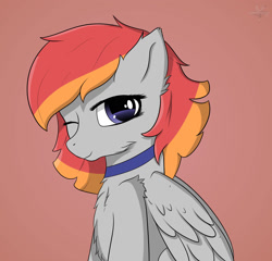 Size: 2248x2160 | Tagged: safe, artist:drarkusss0, derpibooru import, oc, oc only, oc:arian blaze, pegasus, pony, collar, female, looking at you, mare, one eye closed, smiling, solo, wink