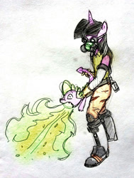 Size: 968x1280 | Tagged: safe, artist:pencilbrony, spike, twilight sparkle, anthro, dragon, plantigrade anthro, behaving like a weapon, clothes, fire, fire breath, flamethrower, flamethrower spike, gas mask, mask