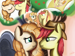 Size: 1024x768 | Tagged: safe, artist:theunconsistentone, bright mac, pear butter, pony, the perfect pear, blushing, brightbutter, cutie mark, drawing, female, flashback, guitar, hat, heart, kissing, looking at each other, male, rock, shipping, signature, straight, tree
