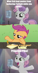 Size: 870x1674 | Tagged: safe, edit, edited screencap, screencap, scootaloo, sweetie belle, pony, bloom and gloom, ponyville confidential, princess spike (episode), bad sweetie belle joke, bored, comic, curtains, hat, meme, microphone, notepad, pencil, pun, screencap comic, stage