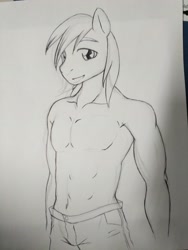 Size: 3036x4048 | Tagged: safe, artist:chaosknight, derpibooru import, big macintosh, anthro, clothes, male, monochrome, partial nudity, solo, topless, traditional art