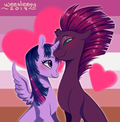 Size: 1570x1596 | Tagged: safe, artist:weesleeyy, derpibooru import, tempest shadow, twilight sparkle, twilight sparkle (alicorn), alicorn, pony, unicorn, my little pony: the movie, abstract background, blushing, broken horn, female, heart, lesbian, lesbian pride flag, looking at each other, mare, nuzzling, pride, pride month, shipping, sitting, smiling, spread wings, tempestlight, wings