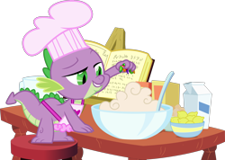 Size: 5000x3555 | Tagged: safe, artist:dashiesparkle, spike, dragon, just for sidekicks, absurd resolution, batter, book, bowl, chef's hat, cookbook, egg (food), food, gem, hat, high res, jewel cake, lemon, milk, simple background, singing, solo, transparent background, vector