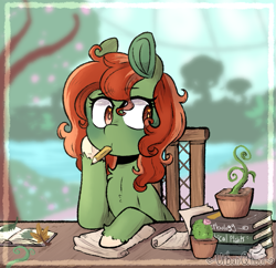 Size: 827x800 | Tagged: safe, artist:urbanqhoul, derpibooru import, oc, oc only, oc:withania nightshade, pony, book, chair, cute, desk, female, greenhouse, mare, mouth hold, pencil, plant, potted plant, solo, tree