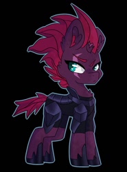 Size: 917x1240 | Tagged: safe, artist:plushy37, tempest shadow, pony, unicorn, my little pony: the movie, armor, black background, broken horn, eye scar, female, mare, scar, simple background, solo