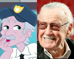 Size: 1350x1080 | Tagged: safe, derpibooru import, screencap, stanley excelsior, better together, equestria girls, rollercoaster of friendship, background human, cameo, comparison, equestria girls-ified, irl, photo, police, police officer, stan lee