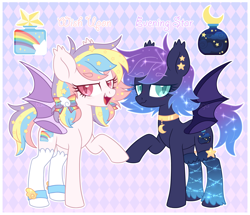 Size: 3600x3100 | Tagged: safe, artist:hawthornss, derpibooru import, oc, oc only, oc:evening star, oc:wish upon, bat pony, pony, bat pony oc, blushing, choker, clothes, collar, constellation, cute, cute little fangs, cutie mark, ear fluff, ethereal mane, fangs, looking at you, open mouth, reference sheet, siblings, socks, starry mane, text, twins