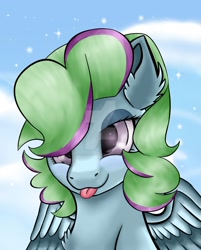 Size: 1024x1272 | Tagged: safe, artist:legenddestroye, derpibooru import, oc, oc:serene winds, pegasus, pony, bust, deviantart watermark, female, mare, portrait, solo, tongue out, watermark