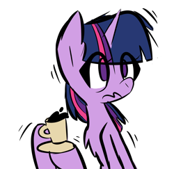 Size: 1400x1360 | Tagged: safe, artist:provolonepone, derpibooru import, twilight sparkle, caffeine, coffee, coffee mug, mug, shaking, simple background, solo, transparent background, wavy mouth