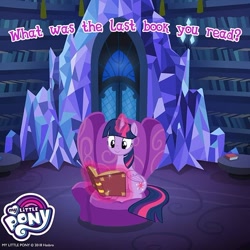 Size: 640x639 | Tagged: safe, derpibooru import, twilight sparkle, twilight sparkle (alicorn), alicorn, book, chair, cute, gameloft, library, magic, official, reading, sitting, solo, text, that pony sure does love books, twiabetes, twilight fuel, twilight's castle, twilight's castle library