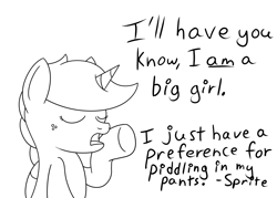 Size: 1400x1000 | Tagged: safe, artist:spritepony, derpibooru import, oc, oc only, oc:sprite, alicorn, alicorn oc, blatant lies, denial, freckles, frown, implied watersports, monochrome, open mouth, sketch, solo, speech