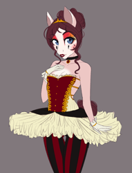 Size: 676x883 | Tagged: safe, artist:askbubblelee, derpibooru import, oc, oc only, oc:marionette, anthro, earth pony, anthro oc, breasts, choker, clothes, female, gloves, lipstick, makeup, mare, simple background, small breasts, solo, thigh gap, tutu