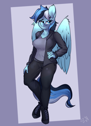 Size: 1800x2500 | Tagged: safe, artist:passigcamel, derpibooru import, oc, oc only, oc:sentoki, anthro, clothes, commission, female, pants, shoes, smug, sneakers, solo, wings