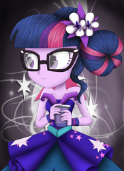 Size: 4000x5500 | Tagged: safe, artist:vicakukac200, sci-twi, twilight sparkle, equestria girls, legend of everfree, absurd resolution, beverage, clothes, crystal gala, crystal gala dress, cup, cute, dress, female, flower, flower in hair, glasses, hair bun, solo, strapless, twiabetes