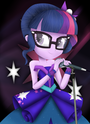 Size: 4000x5500 | Tagged: safe, artist:vicakukac200, sci-twi, twilight sparkle, equestria girls, legend of everfree, absurd resolution, clothes, crystal gala, crystal gala dress, cute, dress, female, glasses, legend you were meant to be, microphone, solo, strapless, twiabetes