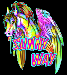 Size: 902x1000 | Tagged: safe, artist:sunny way, derpibooru import, oc, oc only, oc:sunny way, horse, pegasus, pony, color, color porn, colorful, eyestrain warning, female, logo, mare, needs more saturation, rainbow, rcf community, solo, tail