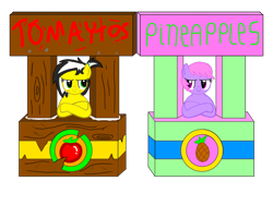 Size: 1600x1200 | Tagged: safe, artist:toyminator900, oc, oc only, oc:melody notes, oc:uppercute, earth pony, pegasus, pony, concession stand, crossed arms, duo, food, glue, pineapple, simple background, tomato, transparent background