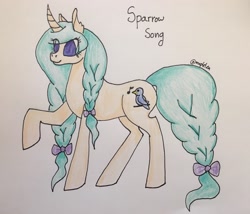 Size: 2240x1920 | Tagged: safe, artist:obsidiancrow13, derpibooru import, oc, oc:sparrow song, pony, unicorn, curved horn, female, mare, raised hoof, solo, traditional art