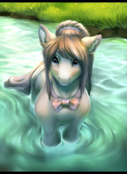 Size: 1556x2140 | Tagged: safe, artist:kerydarling, derpibooru import, oc, oc only, earth pony, pony, art trade, bowtie, digital art, female, grass, looking at you, mare, signature, solo, swimming, water